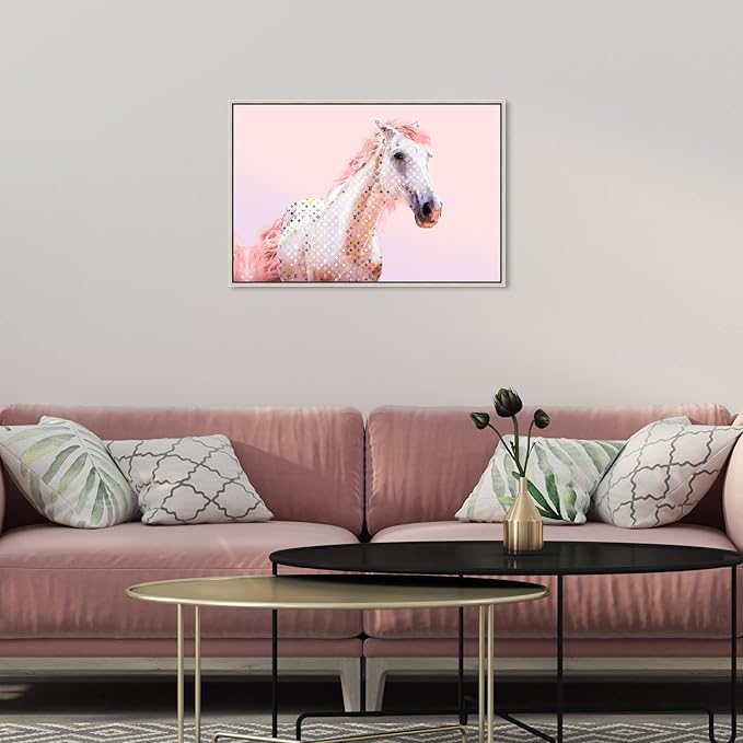 Country Farmhouse Canvas Print Painting Animal Wall Art 'Pink Glam Horse' Champagne Framed Canvas Rustic Home Décor 24x16 in Pink, White by Oliver Gal