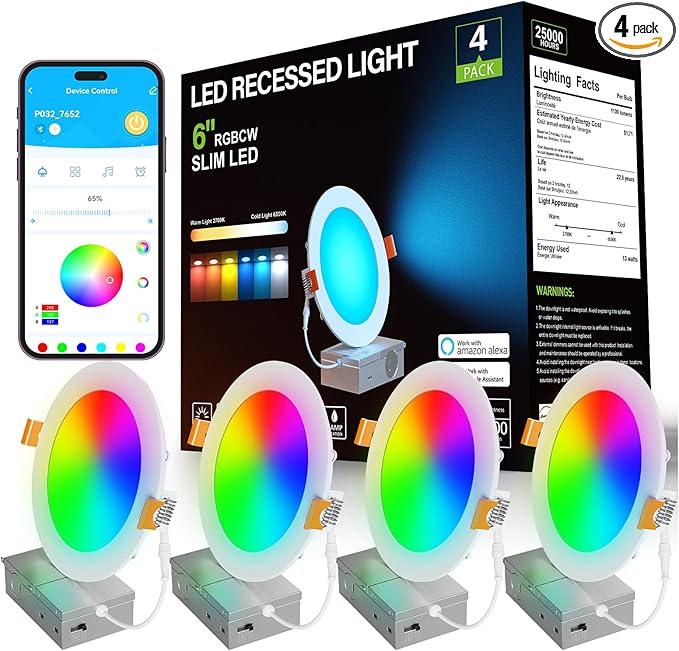 DAYBETTER Smart Recessed Lighting 6 Inch, Wi-Fi Connect RGBCW LED Downlight,Color Changing Tunable White (2700KK-6500K), Ultra Thin Dimmable with Junction Box 4 Pack