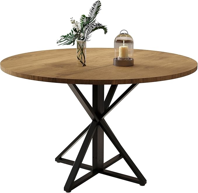 IDEALHOUSE 47 Inch Round Dining Table for 4, Farmhouse Kitchen Table with Metal K-Base, Brown Circle Wood Table for Dining Room, Kitchen, Apartment & Living Room (Table Only)