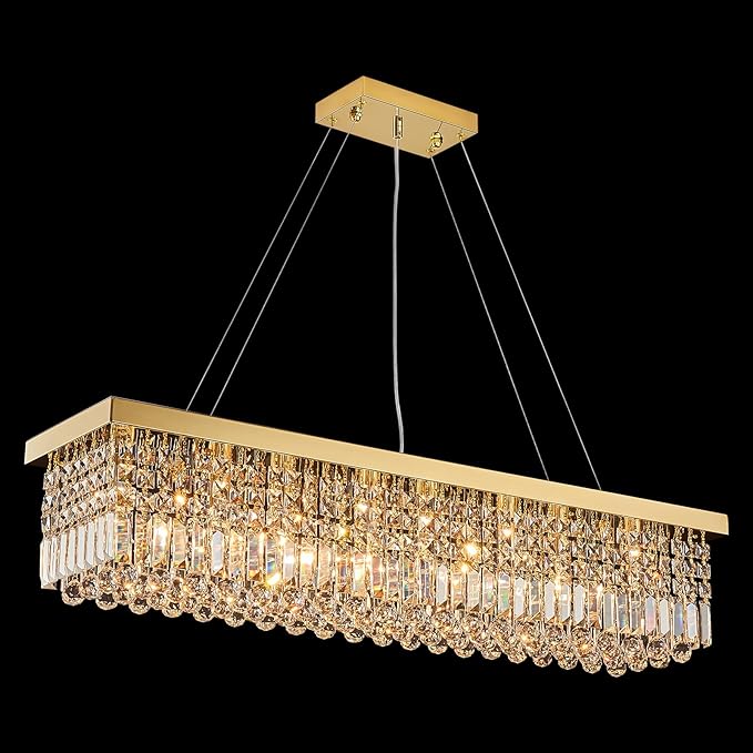 7PM Modern Gold Crystal Chandelier Rectangle Chandeliers for Dining Room Rectangular Pendant Lighting Fixture for Kitchen Island Bedroom L31.5'' x W10'' x H10''