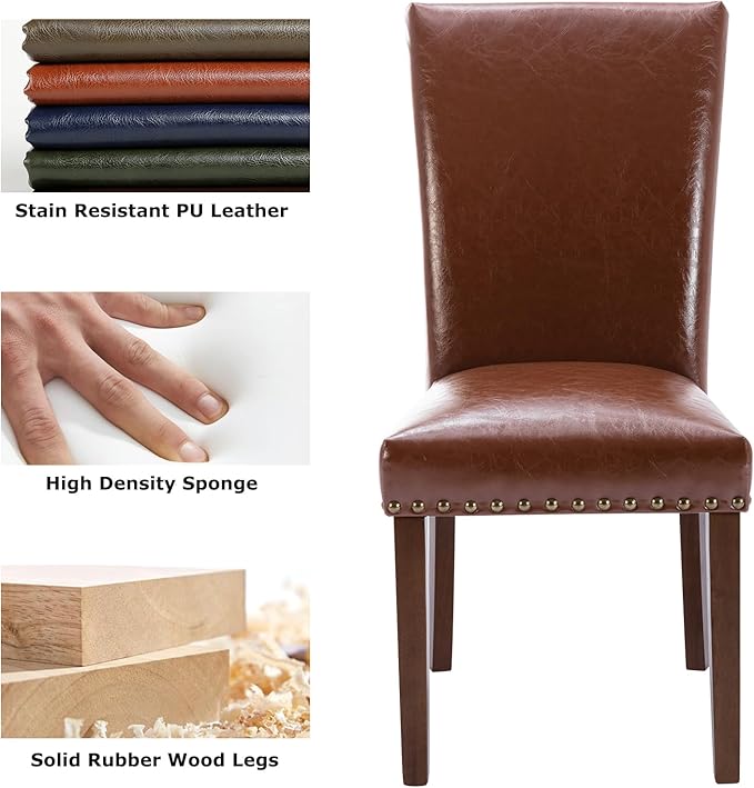 COLAMY Upholstered Parsons Dining Chairs Set of 6, PU Leather Dining Room Kitchen Side Chair with Nailhead Trim and Wood Legs - Light Brown