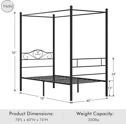 VECELO Twin Canopy Bed Frame with Headboard and Footboard, Metal Four Posters Design, Mattress Foundation Platform with Steel Slats Support, Underbed Storage Space, No Box Spring Needed, Black