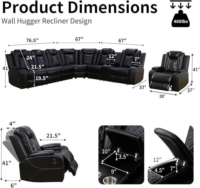 Power Leather Recliner Sectional Sofa with LED Light,L Shaped Reclining Couch with USB Charger/Cup Holder/Storage,Leather Sofa for Living Room Furniture Sets(Black,Sectional+1 Seat)