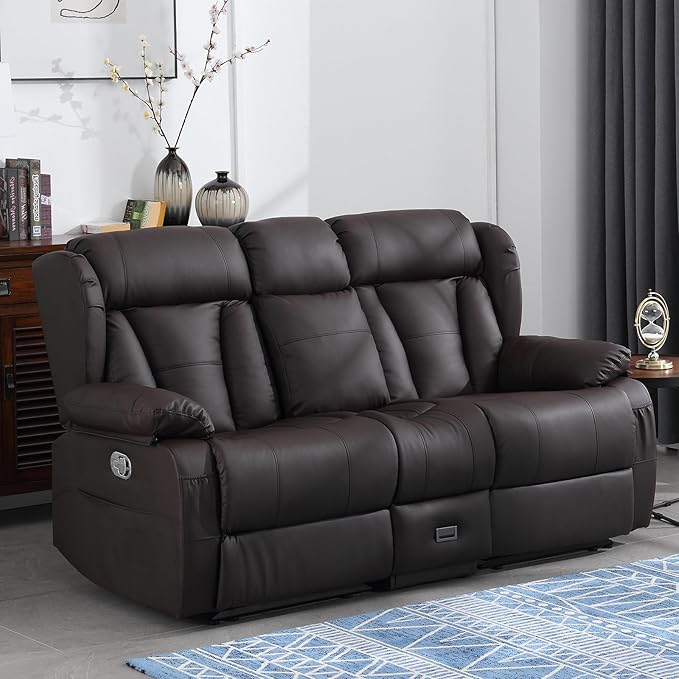 72.8" Manual Reclining Loveseat - Wall Hugger Double Loveseat Recliner with Console, Fold-Down Table and Built-in Outlets, Manual Recliner Chair for Living Room RVs Home Theater (Brown)