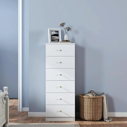 Panana Modern 6 Drawer Vertical Dresser, Wood Tall Chest of Drawers N Arrow Storage Organizer with Wide Drawers & Metal Gold Handles for Bedroom, Living Room, Office, Hallway, Entryway (White)
