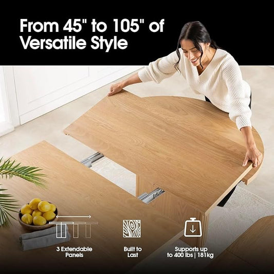 Transformer Table - Solid Wood Extendable Round Dining Table Set with Bench and Sideboard Storage, Seats 4-10, Expandable Round Dining Set, Natural (Table + Bench + Sideboard)