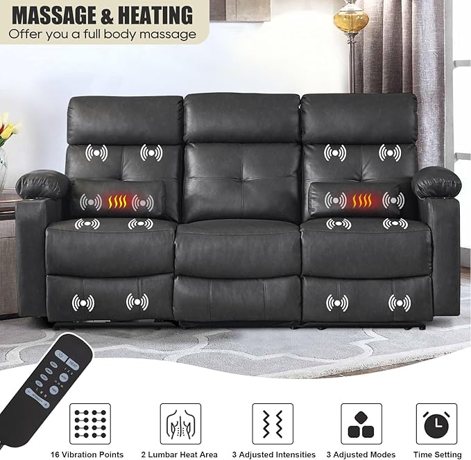 Power Reclining Sofa with Heat and Massage, Electric Reclining Couch with Extended Footrest, Wall Hugger Recliner Sofa 3 Seater with USB Ports & Cup Holders for Living Room, Bedroom
