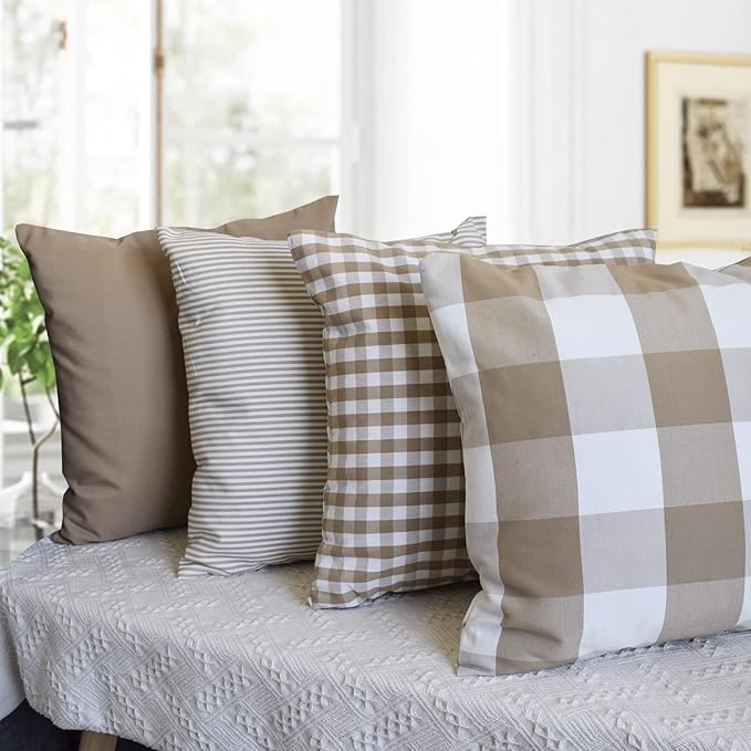 HOPLEE Farmhouse Pillow Cover Cushion Cover with Buffalo Plaid, Solid Beige, Striped and Gingham Plaid Design 16x16 Inches,4 Pack