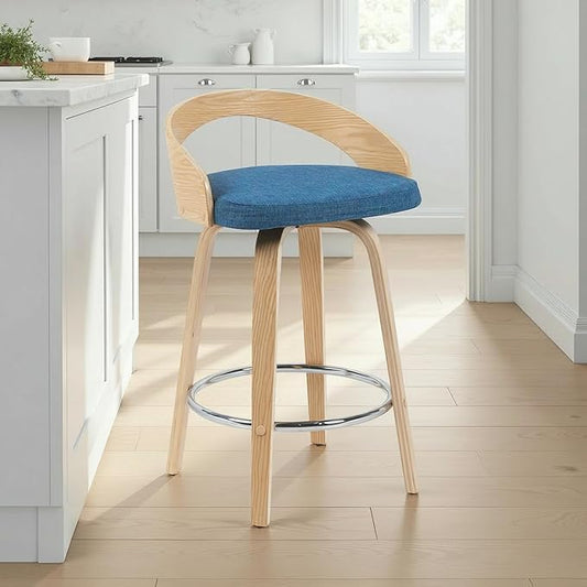 Sonia Modern Swivel Counter Height Bar Stool with Blue Upholstered Seat and Patterned Oak Wood Finish Set of 3