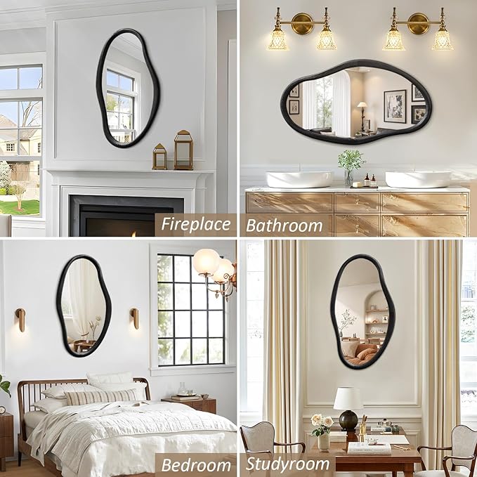 JJUUYOU Irregular Wall Mirror Black Asymmetrical Wooden Mirror 30"x18" Large Home Decorative Wall Mounted Vanity Mirrors for Bathroom Dressing Room Living Room