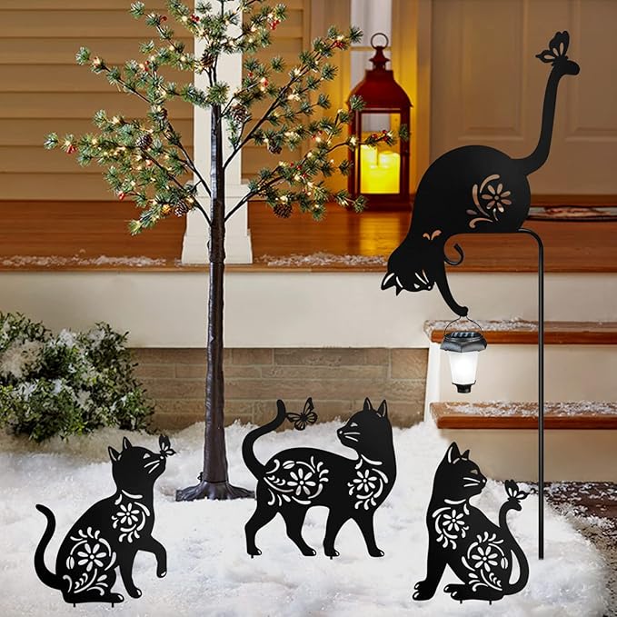 Cat Holding Lantern Garden Stakes Solar Garden Cats Metal cat Solar Lantern Decorative Garden Stakes for Yard, Lawn, Patio, Pathway