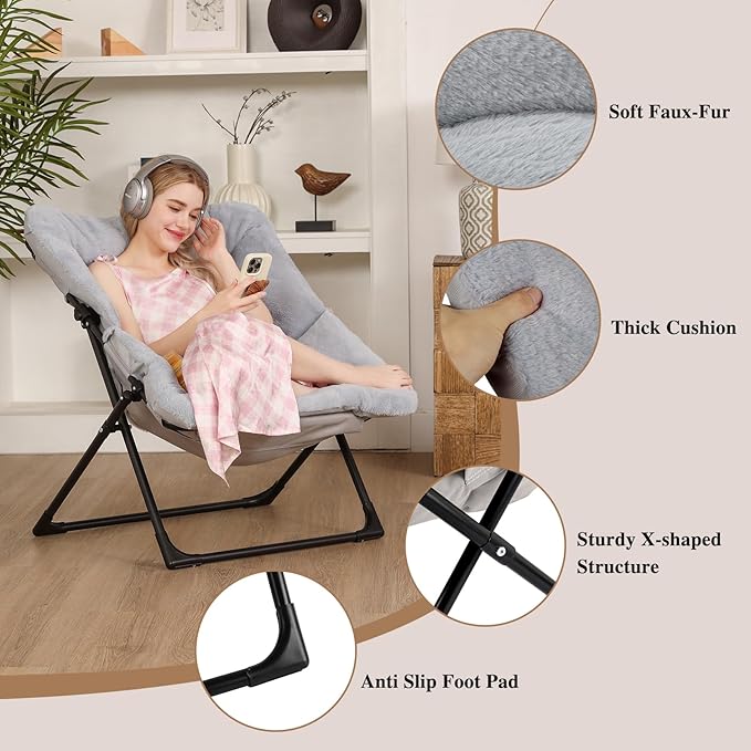 Comfy Saucer Chair for Adults, Set of 2, Soft Faux Fur Bedroom Chair, Accent Dorm Chairs, Flexible Living Room Reading Chairs, Oversized Folding Seat for Teens, X-Large, Grey