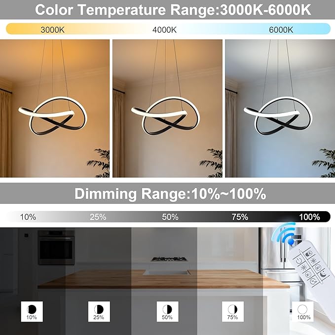 MAYNA Modern Chandelier with Remote Control, 3-Color Dimmable LED Pendant Light Fixtures, Height Adjustable Kitchen Island Lighting for Dining Room,Bedroom,Living Room, Black 19.7 inch
