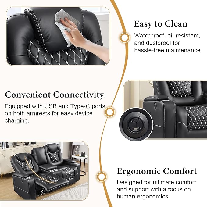 ANJ Power Recliner Sofa Set, Faux Leather Reclining Couch Sets for Living Room, Included Loveseat Sofa and 2PC 3 Seat Recliner Sofa, Black