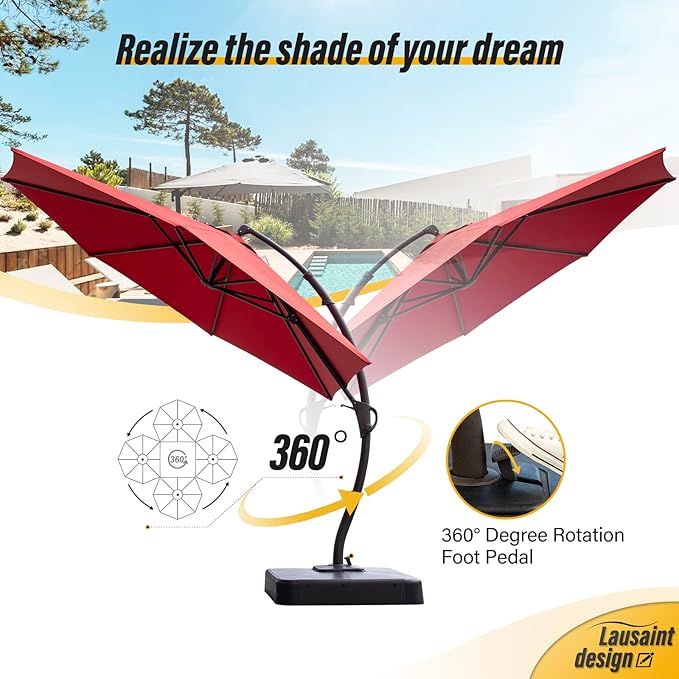 LAUSAINT HOME Outdoor Patio Umbrella with Base included, Deluxe Curvy Cantilever Umbrella Heavy Duty Offset Hanging Umbrella