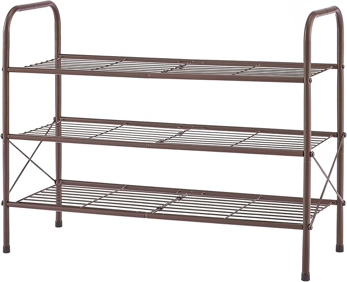 Tajsoon 3-Tier Stackable Shoe Rack Organizer, Adjustable & Expandable Shoe Storage Shelf for Entryway, Metal Wire Grid with X Shape Fixed Frame, Bronze