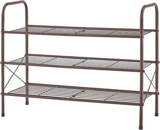 Tajsoon 3-Tier Stackable Shoe Rack Organizer, Adjustable & Expandable Shoe Storage Shelf for Entryway, Metal Wire Grid with X Shape Fixed Frame, Bronze