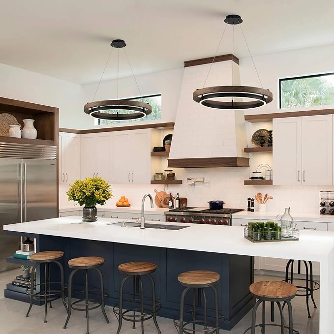 LED Ring Chandelier Modern Round LED Pendant Light 24in Walnut Wood & Black Chandelier Dimmable Ceiling Pendant Light Fixtrure for Dining Room Entry Kitchen Island Bedroom Living Room