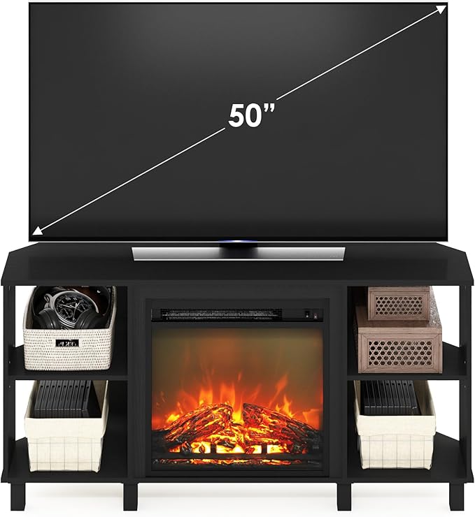 Furinno Jensen Corner Fireplace TV Stand with 4 Open Compartments for TV up to 55 Inches, Americano