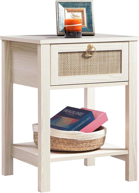 SICOTAS White Nightstand Set of 2,Rattan Decor Drawer with Brass Knobs Night Stand Bedside Table Boho End Tables Side Tables with Storage Shelf for Bedroom,Small Space