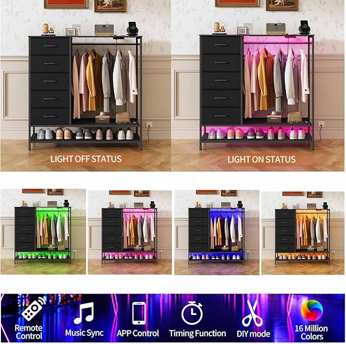 Dresser for Bedroom, Dresser with Hanging Rack Led Lights and Charging Station, Black Bedroom Dresser with 5 Fabric Chest of Drawers with PU Finish Storage Organizer, for Living Room Hallway, Black