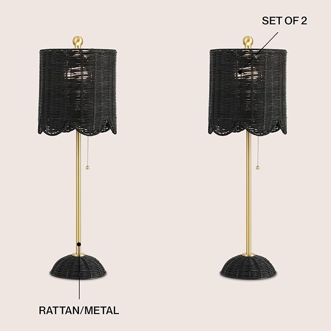 JONATHAN Y 27.5" Black/Brass Gold Coastal Buffet Table Lamp Set of 2 for Bedroom, Boho Table Lamps with Natural Rattan Scalloped Shade, Pull Chain, LED Bulbs Included (JYL1138C-SET2)