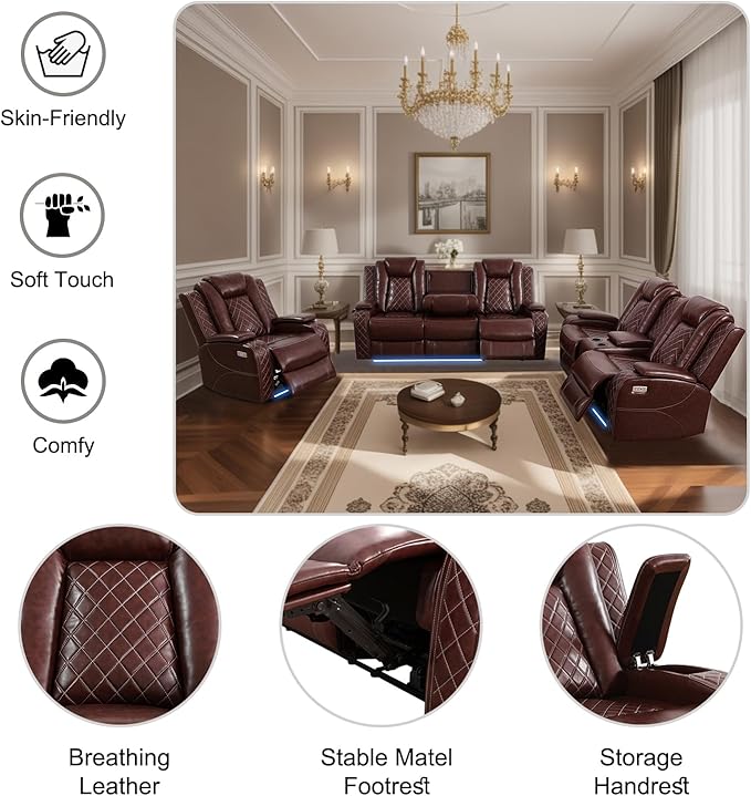 Power Recliner Sectional Couch with LED, Leather Reclining Sofa for Living Room, Muti-Functional Recliner Corner Sofa with Storage Console/Cup Holders/USB Ports (Dark Red, 3 Pieces)