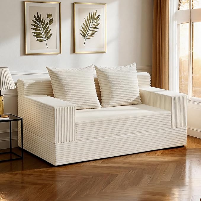 Erament Convertible Sofa Bed, Loveseat Folding Floor Futon Sleeper Sofa Couch Bed- Boneless Foldable Couch, Corduroy Pull Out Sofa Bed with 2 Pillows for Living Room & Bedroom