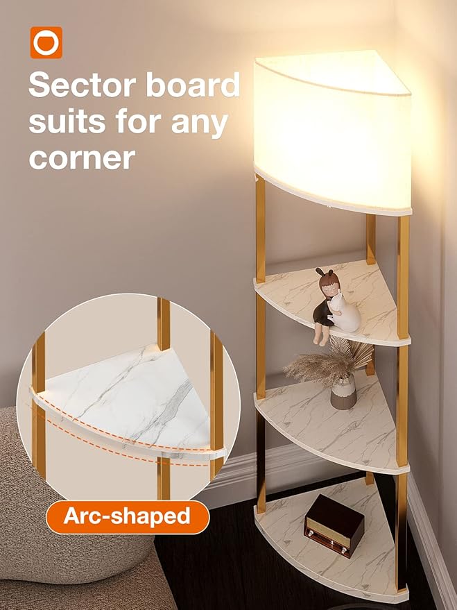 addlon 4-Tier Sector Corner Shelf Floor Lamp with 3 Color Temperatures LED Bulb and White Lamp Shade - Display Floor Lamps with Shelves for Living Room, Bedroom - Marble Texture