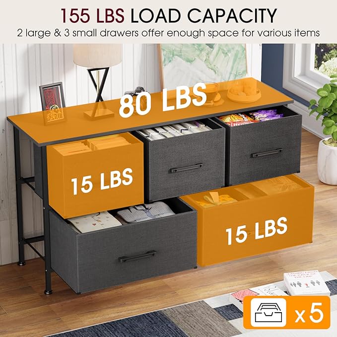 FDW 5 Fabric Drawers Dresser for Bedroom,Chest Organizer Units with Steel Frame and Wooden Top for Bedroom,Closet,Living Room, Entryway,Grey