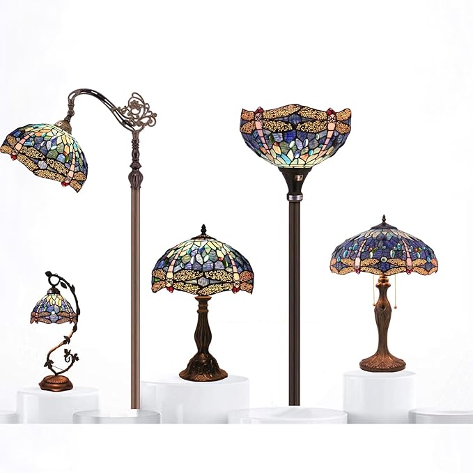 WERFACTORY Tiffany Lamp Blue Stained Glass Dragonfly Style Bedside Table Lamp 16X16X24 Inch Desk Reading Light Metal Base Decor Bedroom Living Room Home Office S631 Series