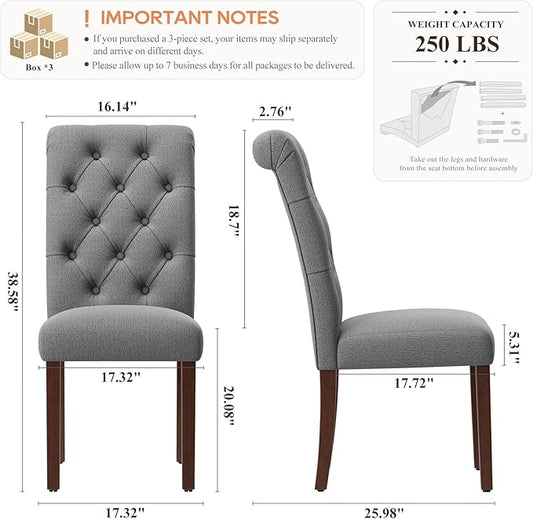 Upholstered Tufted Dining Room Chairs Set of 6, Parsons Kitchen Chairs with Padded Seat and Solid Wood Legs, Fabric Accent Side Diner Chair for Dining Room/Kitchen/Living Room, Grey