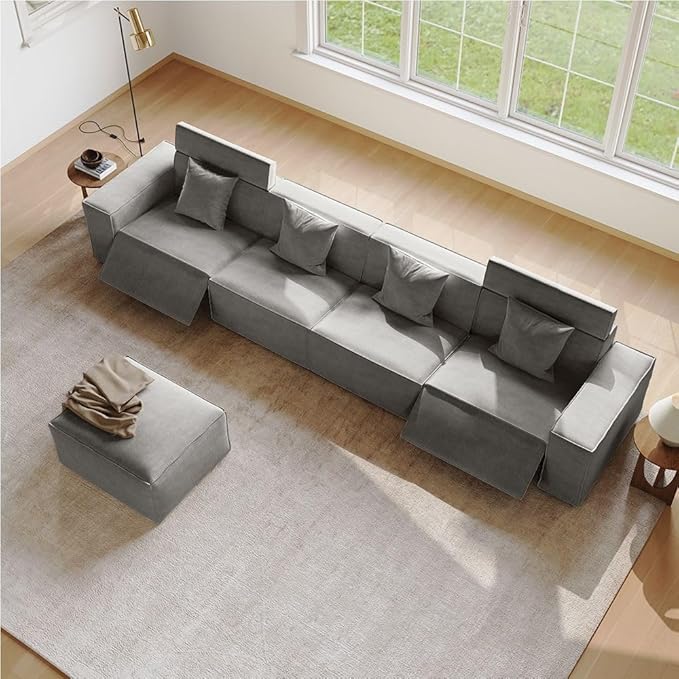 145" Power Sofa,Modular Sectional Couches for Living Room,Modern Large Sofa with Recliners,Comfy Velvet Cloud Couch with Deep Seat with 1 Ottoman,Pet Friendly,Free Combination for Home(Dark Gray)