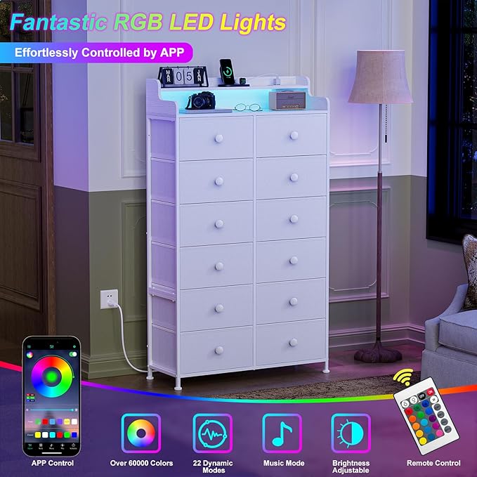 REAHOME Dresser for Bedroom with Charging Station and LED Lights, 12 Drawers Dresser TV Stand with Wooden Top, Tall Fabric Chest of Drawer with Sturdy Frame for Closet, Living Room, Hallway, White