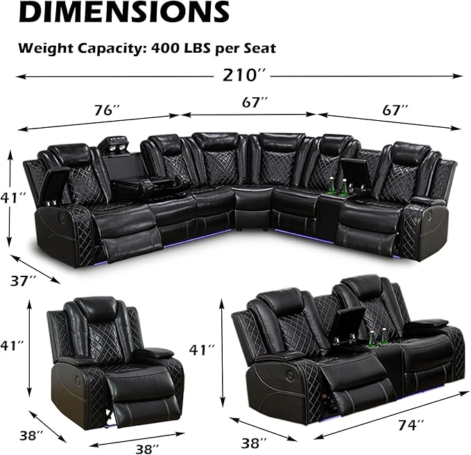 Leather Power Recliner Sectional Sofa Set with LED Light,L Shaped Leather Couch Set with 5 Recliner Seats,Modular Sofa with USB Port for Living Room Furniture(Black,Sectional+Loveseat+Chair)