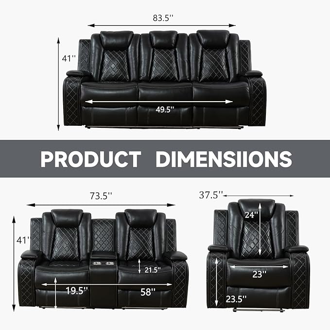 Power Recliner Loveseat, Air Leather Reclining Couch with LED/Cup Holders/Storage, 2-Seater Reclining Sofa, Black Leather Couch for House/Apartment/Office