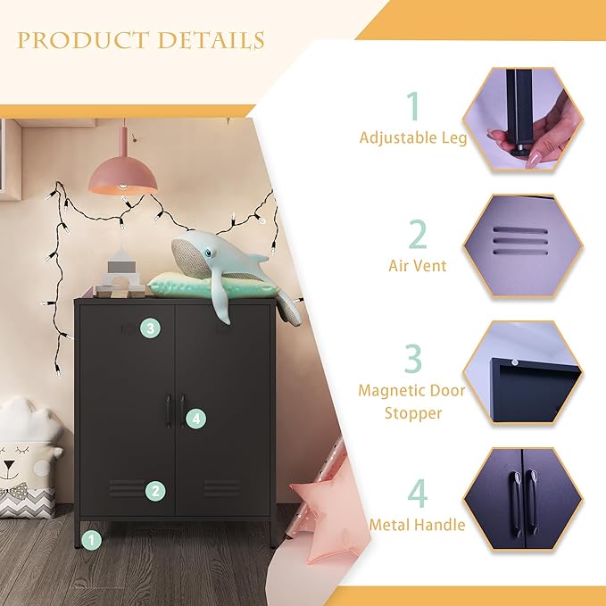 Metal Storage Cabinet with 2 Door, Steel Locker Sideboard Buffet Cabinet Console Table for Home Office (Black, H35.43'')