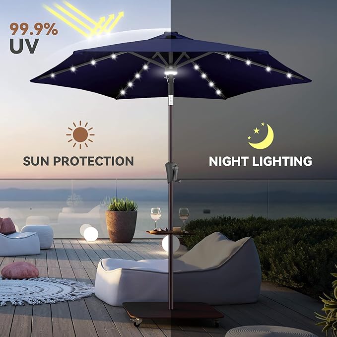 7.5ft Solar Umbrella Outdoor - Lighted Solar Patio Umbrella with 24 LED Lights Waterprool UV Protection, Table Umbrella with Tilt for Pool, Porch, Garden, Deck, Backyard (Navy Blue)