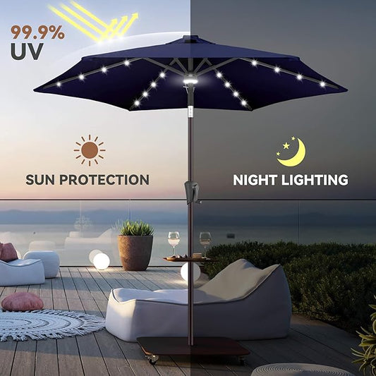 7.5ft Solar Umbrella Outdoor - Lighted Solar Patio Umbrella with 24 LED Lights Waterprool UV Protection, Table Umbrella with Tilt for Pool, Porch, Garden, Deck, Backyard (Navy Blue)