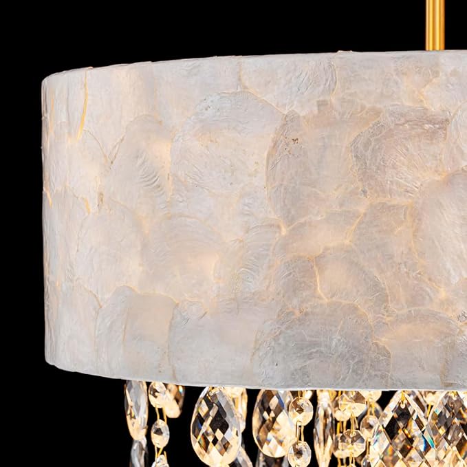 4-Light Drum Capiz Shell Crystal Chandeliers, Coastal Style Pendant Light Fixture for Dining Room, Living Room, D18 x 21~68"(Adjustable), Shell Lampshade & Gold Finish