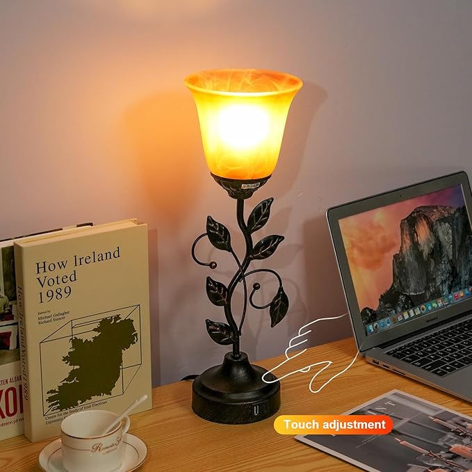 Touch Control Table Lamp Vintage Leaf Vine Lamp Decorative Bedside Lamp Dimmable Desk Lamp with USB A and Type-C Charging Ports Amber Glass Lampshade Warm White Light LED Bulb Included