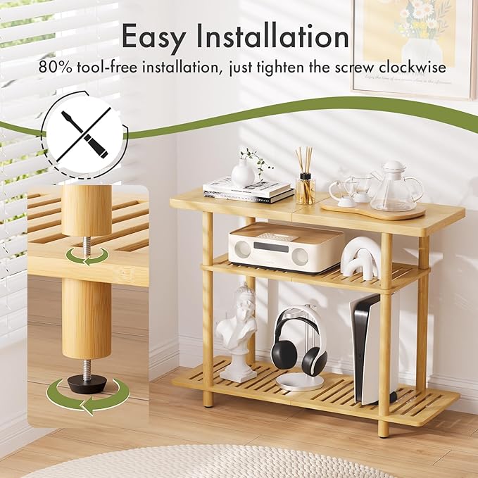 Bamboo TV Stand, Small TV Stands for up to 32 Inch, 3-Tier Entertainment Center TV Shelf with Storage, Sturdy Corner TV Stand for Small Spaces, 31.5 x 24.2 x 11.8 inches