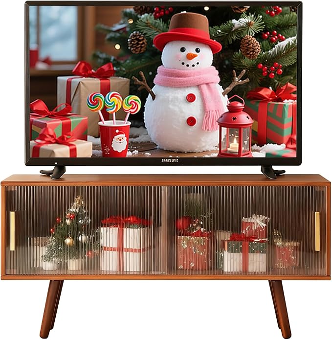 Bamboo TV Stand Entertainment Center, Mid-Century Modern Television Stand for 50-55 inch TVs, Rustic Brown Media Console Table, Open Storage Shelves for Living Room, Bedroom and Home Decor
