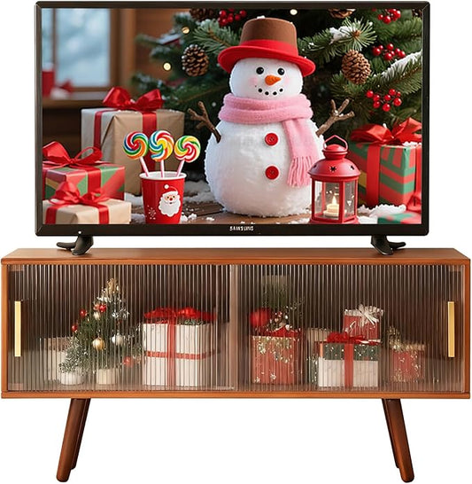 Bamboo TV Stand Entertainment Center, Mid-Century Modern Television Stand for 50-55 inch TVs, Rustic Brown Media Console Table, Open Storage Shelves for Living Room, Bedroom and Home Decor