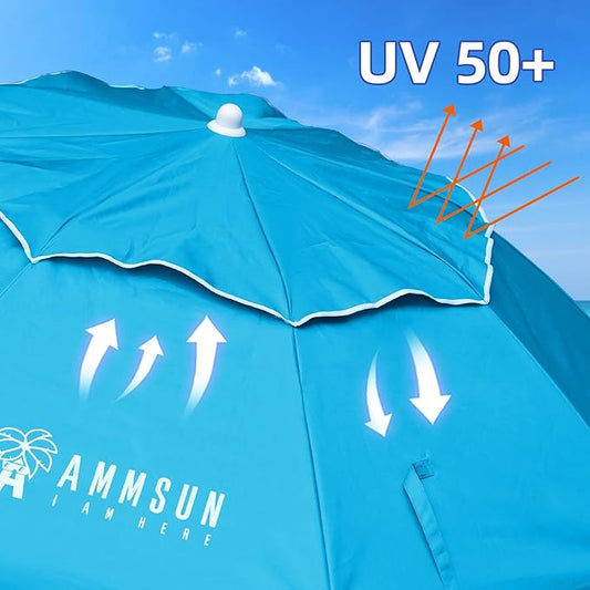AMMSUN 6ft Folded Portable Travel Beach Umbrella with Sand Anchor Tilt Air vent UPF 50+UV Protection Fit In Suitcase Compact Foldable Telescopic umbrellas for Patio Garden Beach Pool Sky Blue