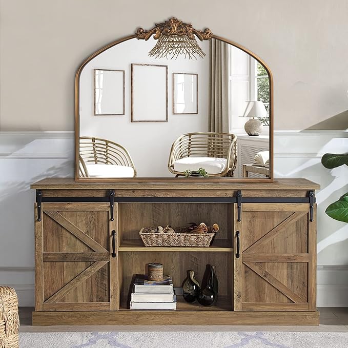 Gold Wall Mirror, Large Arched Vintage Baroque Ornate Mirrors, Traditional Decorative Antique Brass Mirror for Entryway, Living Room, Bedroom, Bathroom Vanity, Fireplace Mantel(Gold,29"x36")