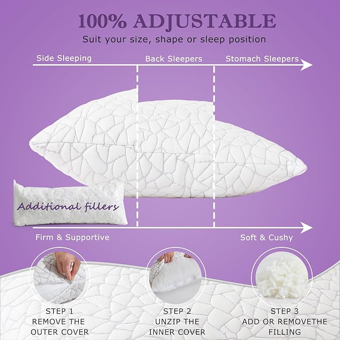 Shredded Memory Foam Pillow for Sleeping, Cooling Bed Pillows King Size Set of 2, Adjustable Soft and Firm Pillows or Side, Back, Stomach Sleepers with Washable Removable Bed Pillow Cover