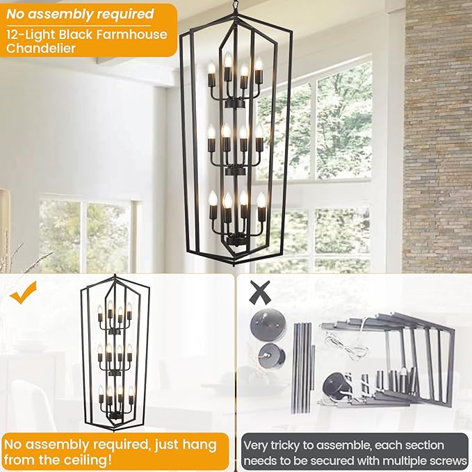 WJShome Modern Black Chandelier, 12-Light Tiered Pendant Light Fixtures, Long Chandeliers for High Ceilings, Farmhouse Foyer Lighting Fixtures, for Living Room, Staircase, Entryway