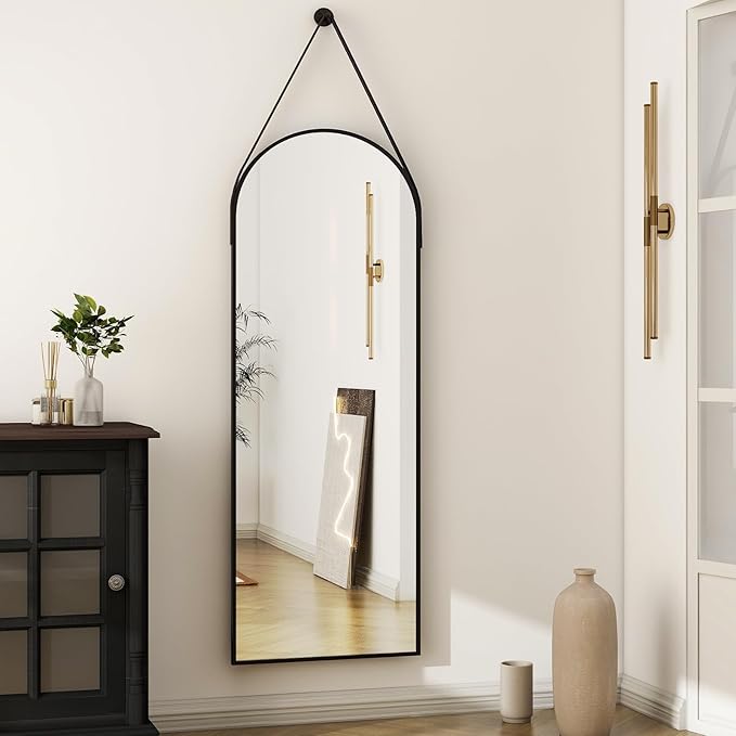 HARRITPURE 16"x48"Arched Mirror with Hanging Leather Strap Full Length Mirror Aluminum Frame Wall-Mounted Arch Hanging Mirrors for Bathroom Vanity Living Room Bedroom Entryway Decor