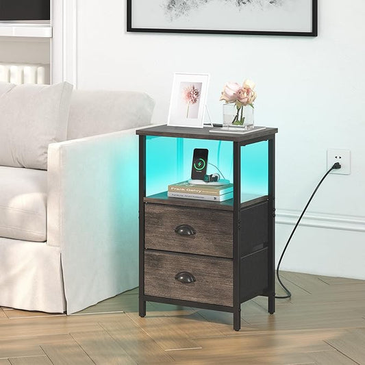 Nightstand with Charging Station, LED Night Stand Set of 2, Bedside Table End Table with Drawer, Bedroom Tables with 2 Fabric Drawers, 3-Tier Storage Side Table for Bedroom, Black Oak
